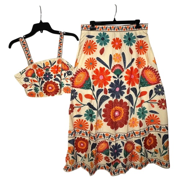 Floral Two Piece Crop Top and Midi Skirt Set Cream Red Large - Picture 5 of 10